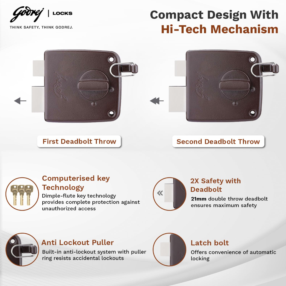 Godrej Rim Lock I Twin Bolt  | Compact 1Ck Latch Bolt I for Inside Opening Wooden Doors I Left Right Handed Doors | Home Main Door I 3 Keys  I Textured Brown Finish I 5 Year Warranty